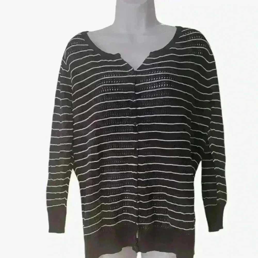 H&M open stitch lightweight cardigan navy/white stripes size L